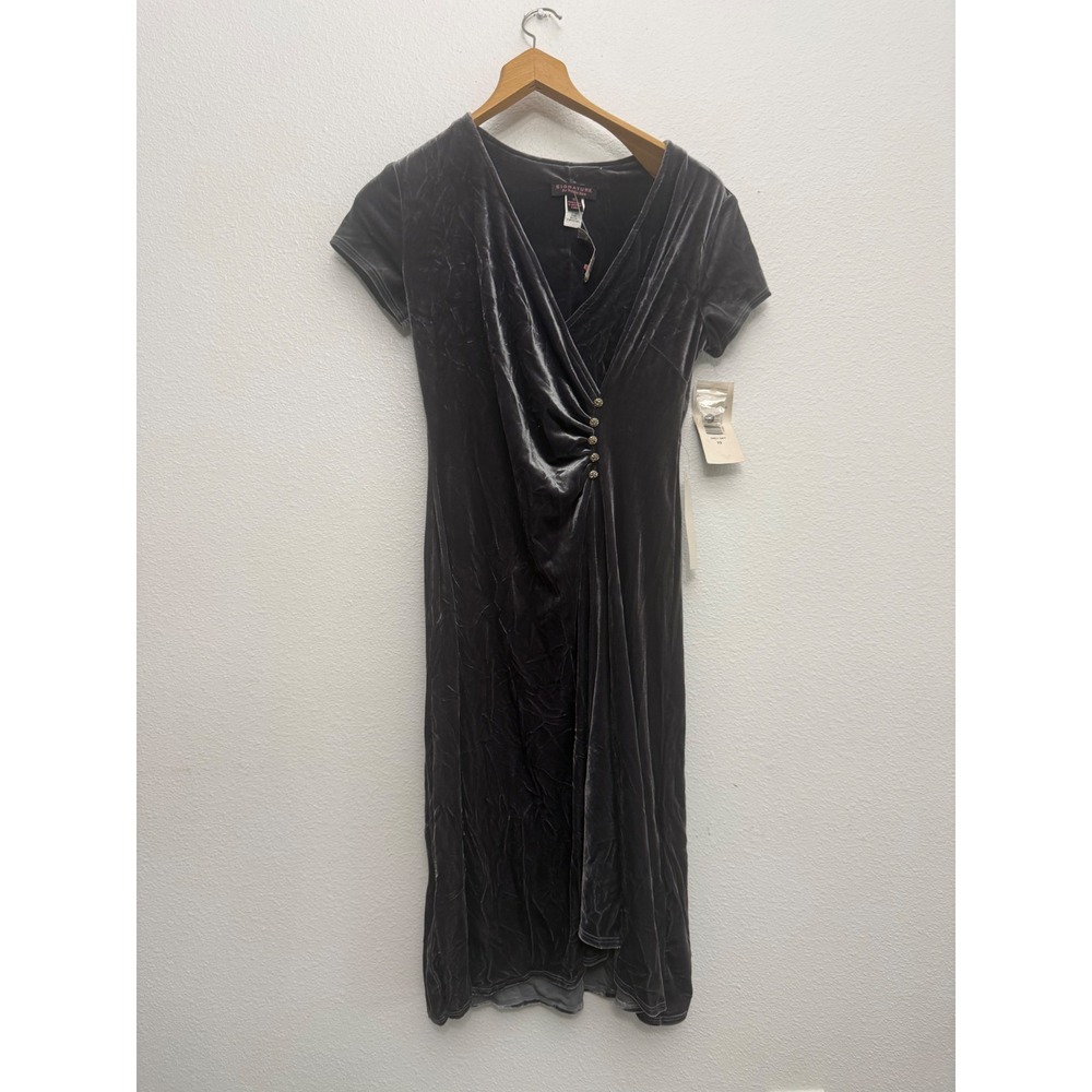 Signature By Robbie Bee Gray Velvet Faux Wrap Midi Dress Rhinestone Buttons 10